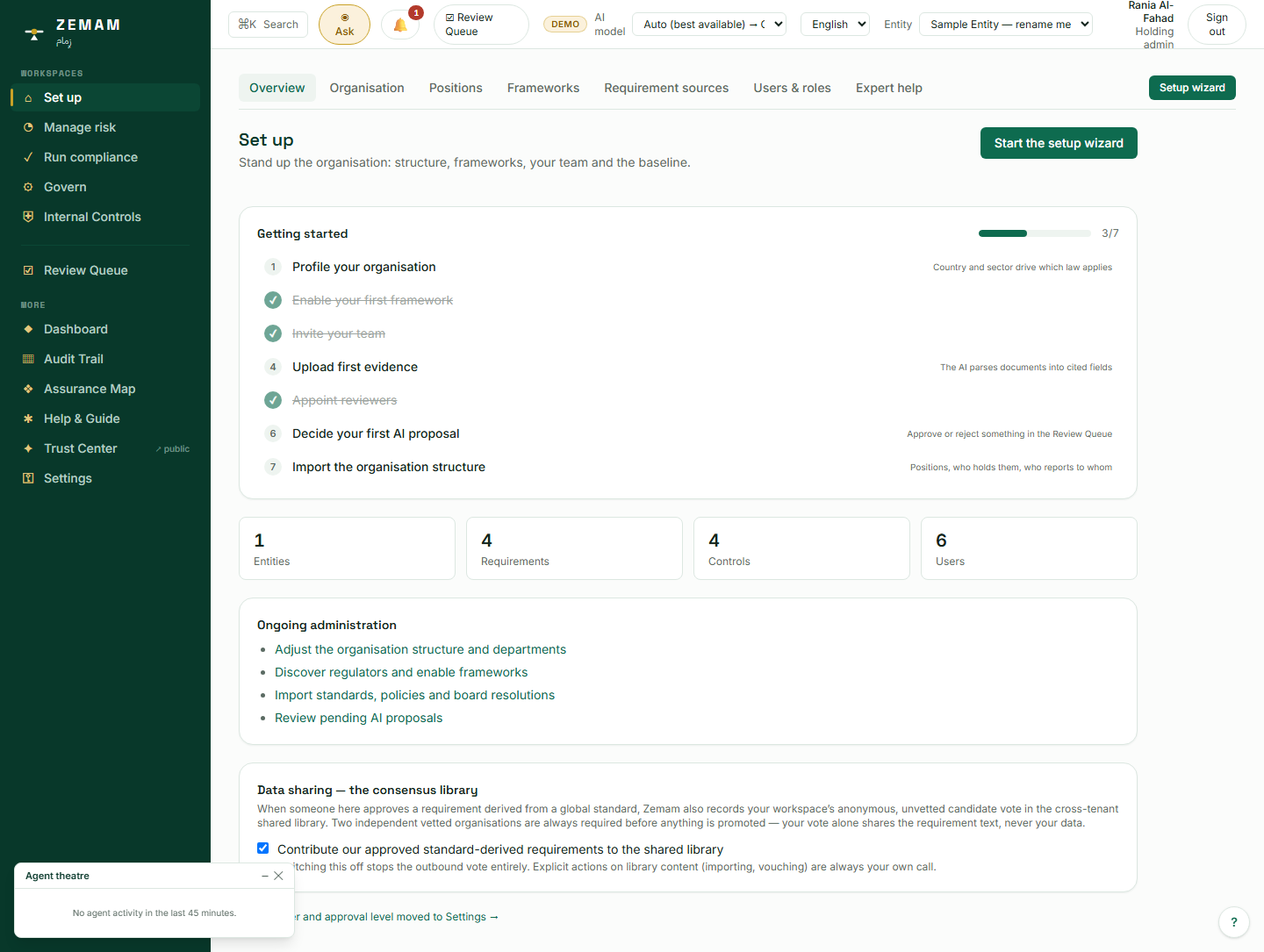 Before: the Setup workspace itself, with the entity picker at the top still reading "Sample Entity — rename me" — the placeholder the next screenshot replaces.
