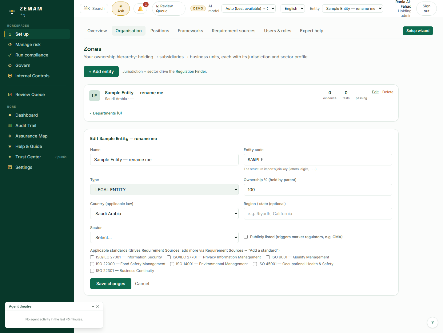 The edit screen: name, internal code, type, ownership percentage, country, industry, and whether the company is publicly listed on a stock market — all on one card.