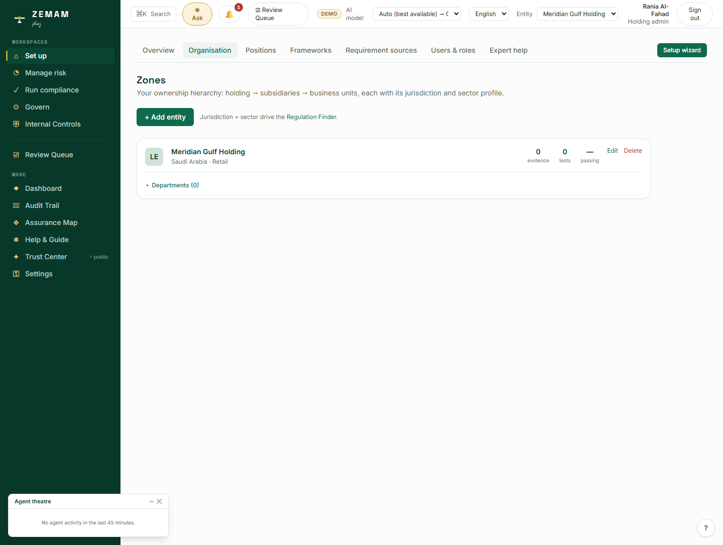 Renamed to Meridian Gulf Holding — Saudi Arabia, Retail. The country is what decides which regulators the next step suggests. Nothing else on this screen needed to change for the rest of the setup to work correctly.