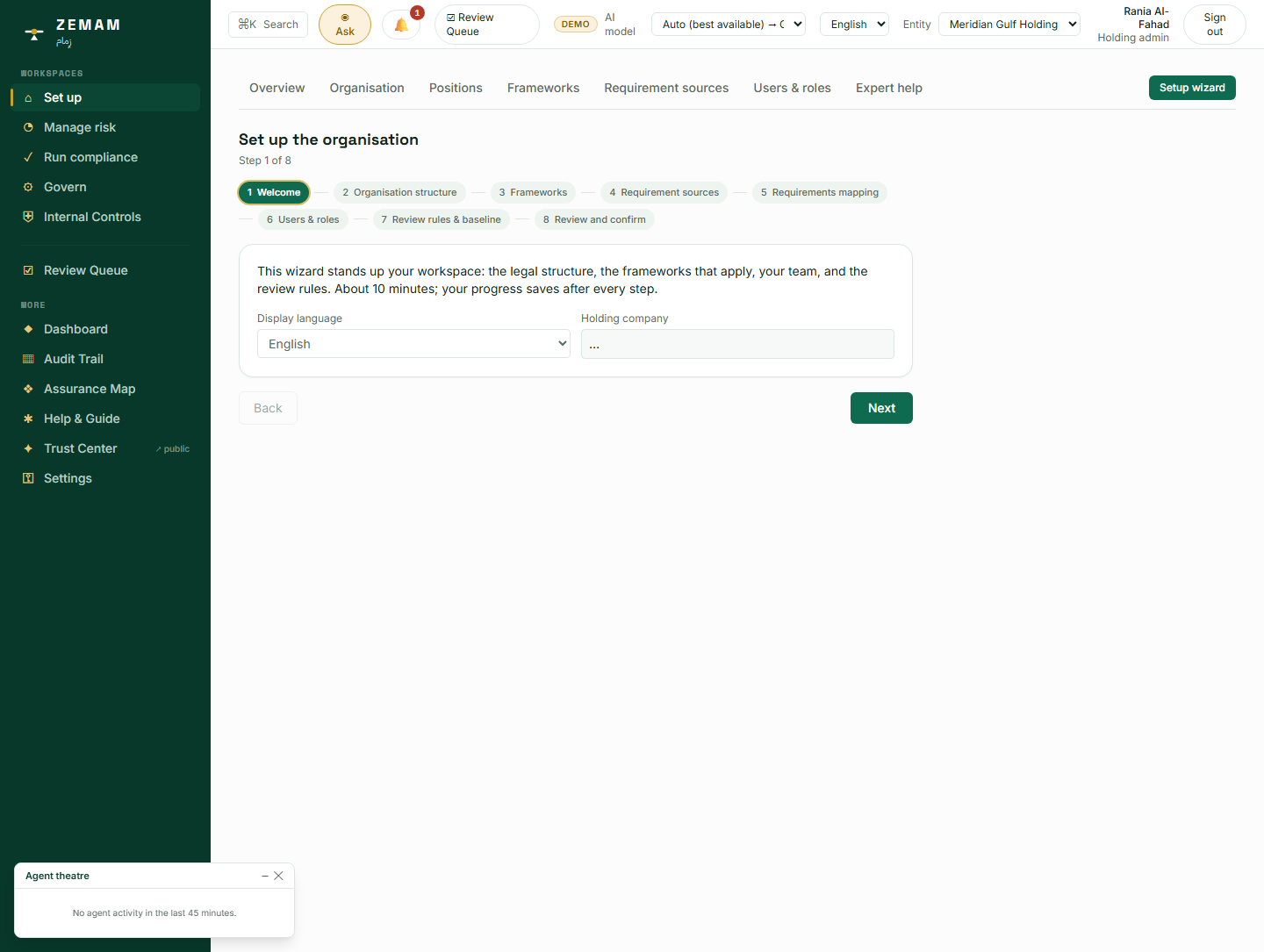 The checklist opens with a simple welcome step — pick a display language, confirm the parent company’s name, move on.