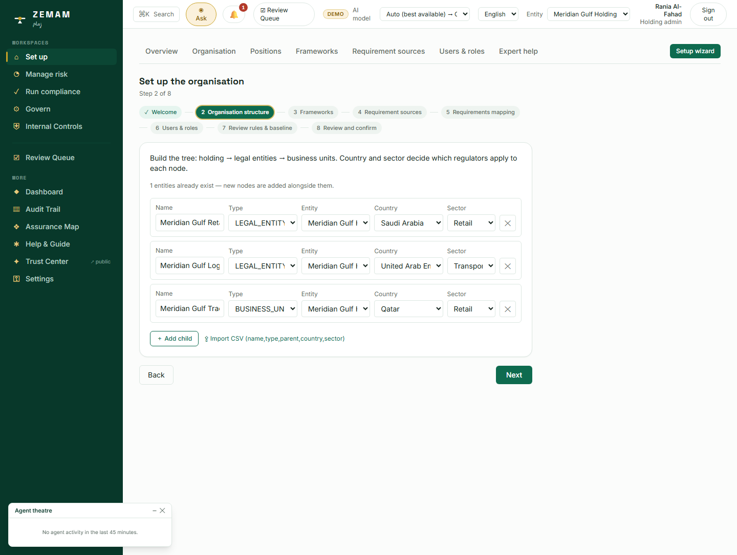 The same step after uploading a three-row spreadsheet: a retail company in Saudi Arabia, a logistics company in the UAE, and a small trading unit in Qatar nested under the retail company — not under the parent. The system read that relationship correctly straight from the file.