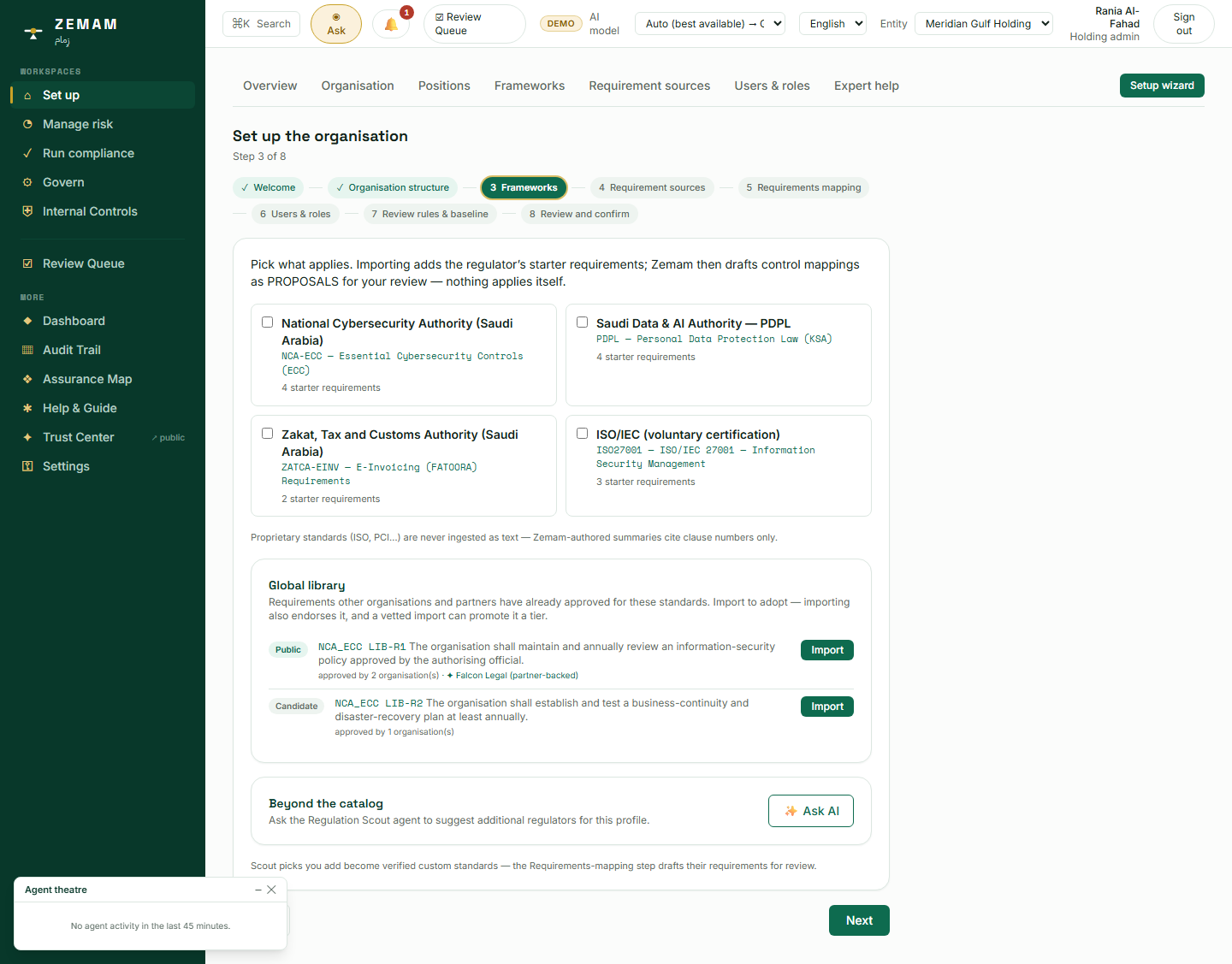 The checklist remembers exactly where Rania left off (a small banner says so). Four rulebooks are suggested purely from the company’s own country and industry — three Saudi authorities and one voluntary international certification.