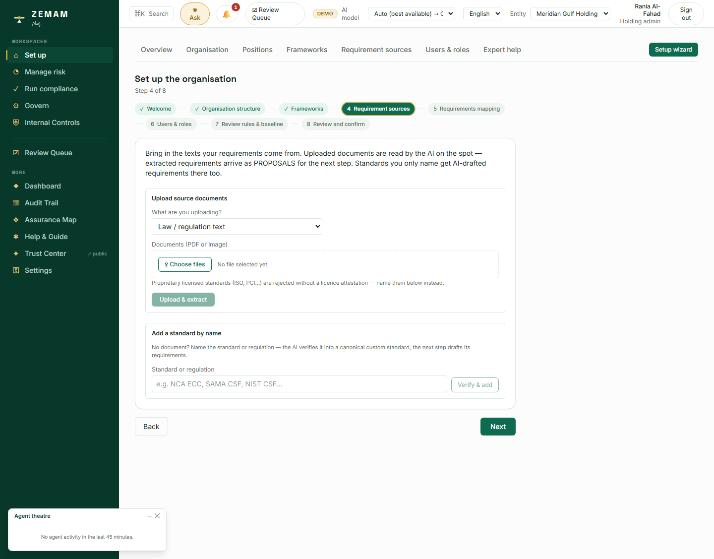 The choice: upload a document for the AI to read and extract rules from, or simply name a standard you don’t have the text of.