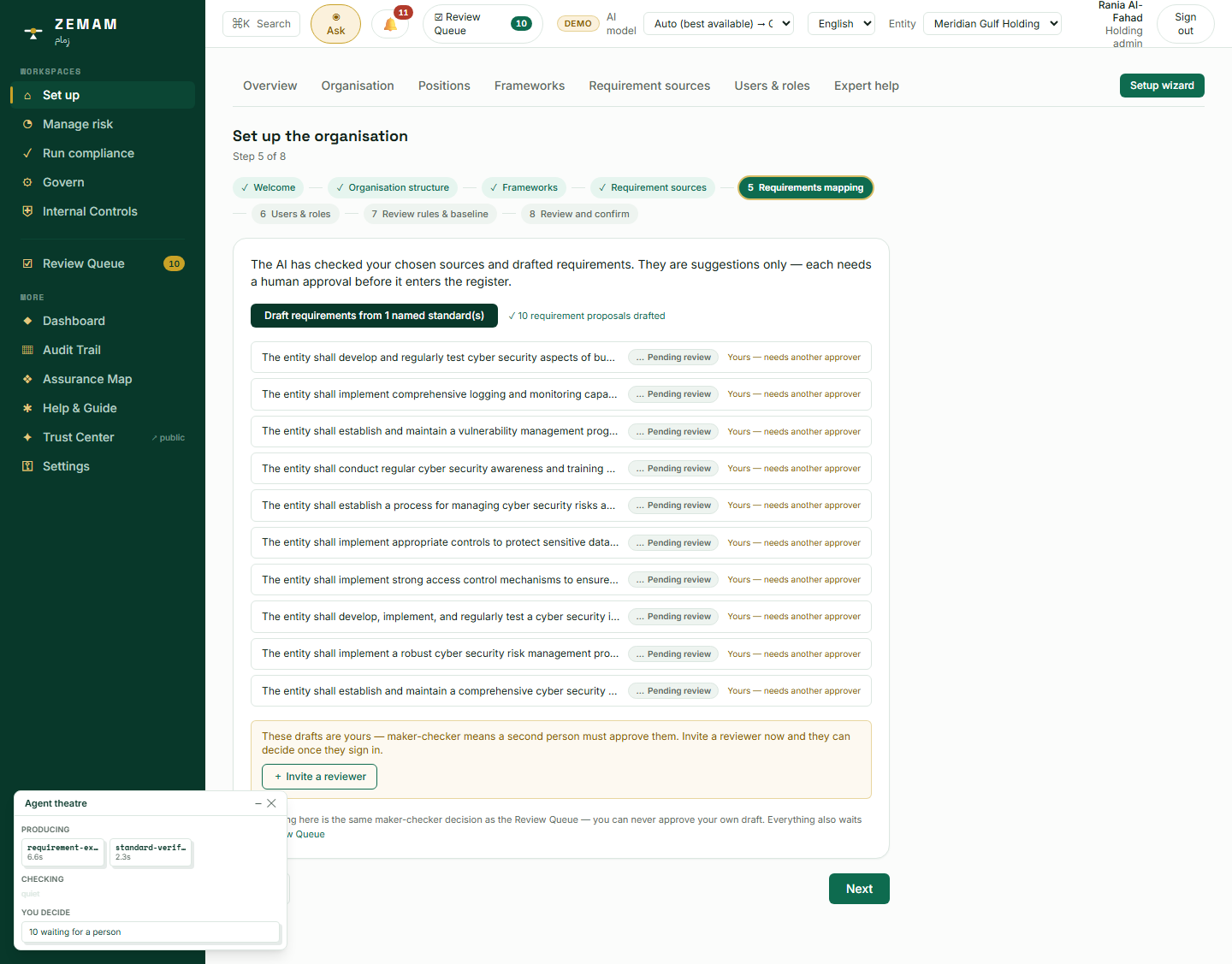After one click: eleven real rules, each "Pending review", each marked "needs another approver." Nothing here is official yet — it is all a draft awaiting a human decision.