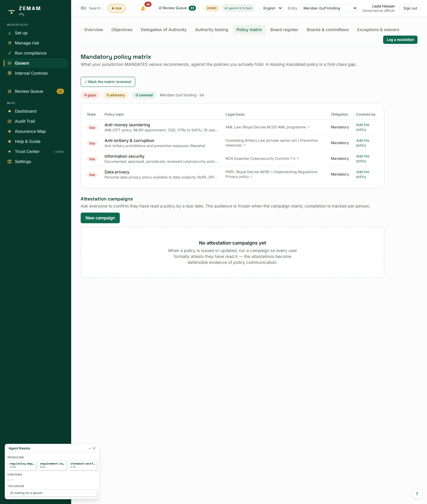 Which required policy topics the company already holds a policy for, and which it does not yet.