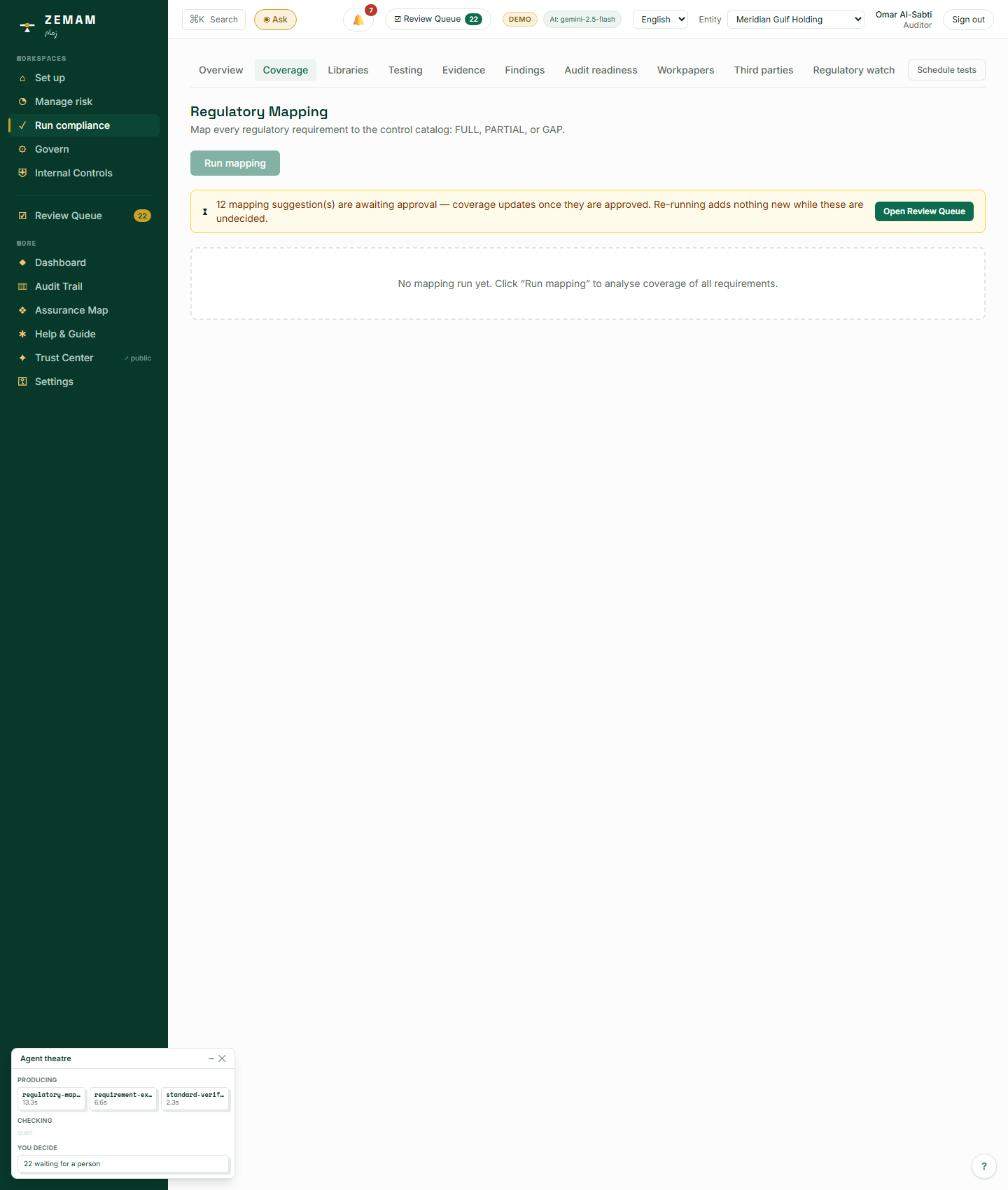 The Coverage screen, before a fresh run: the mapping suggestions already waiting in the shared Review Queue are counted here, with a plain warning that re-running adds nothing while they are undecided — and the panel in the corner shows the AI runs that produced them — regulatory mapping, requirement extraction, standard verification — each with its own real running time.