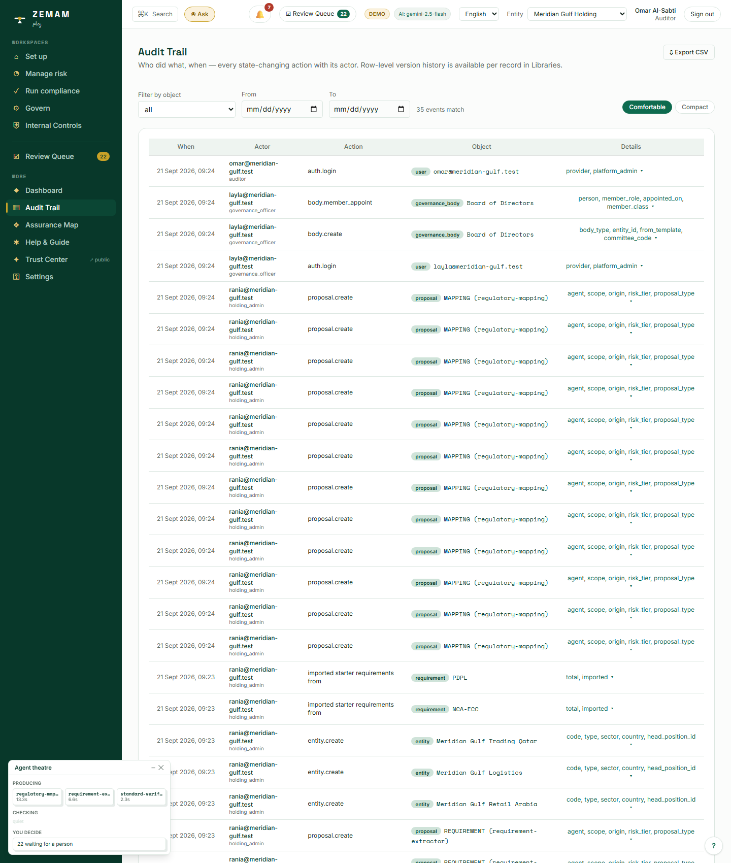 Every action so far — sign-ins, board appointments, AI runs, drafted rules — filterable by object and by date, paged, and exportable in full, visible to the one role that must never be able to edit it.