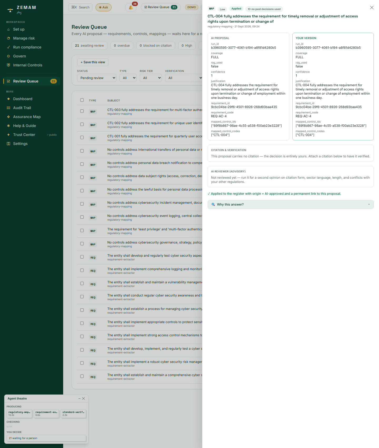 A second item, fully closed out: "Applied to the register", with a permanent link back to the exact AI draft and approval behind it. The shared inbox count falls as each decision lands.